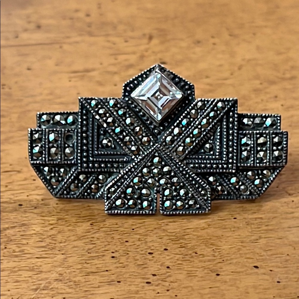 Vintage Judith Jack Sterling silver & Marcasite open back faceted crystal brooch